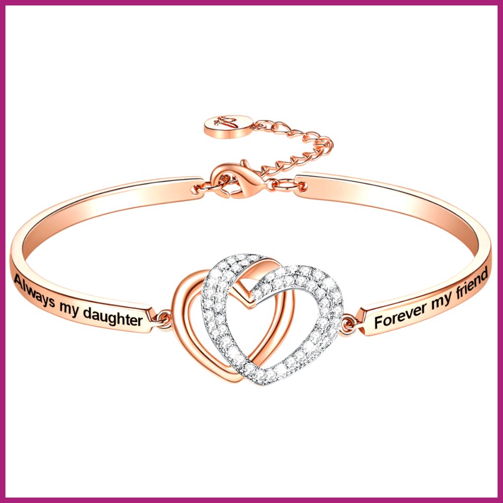 Rose Gold Bangle Bracelet With Heart Charm, 7.25 Inch With Extender